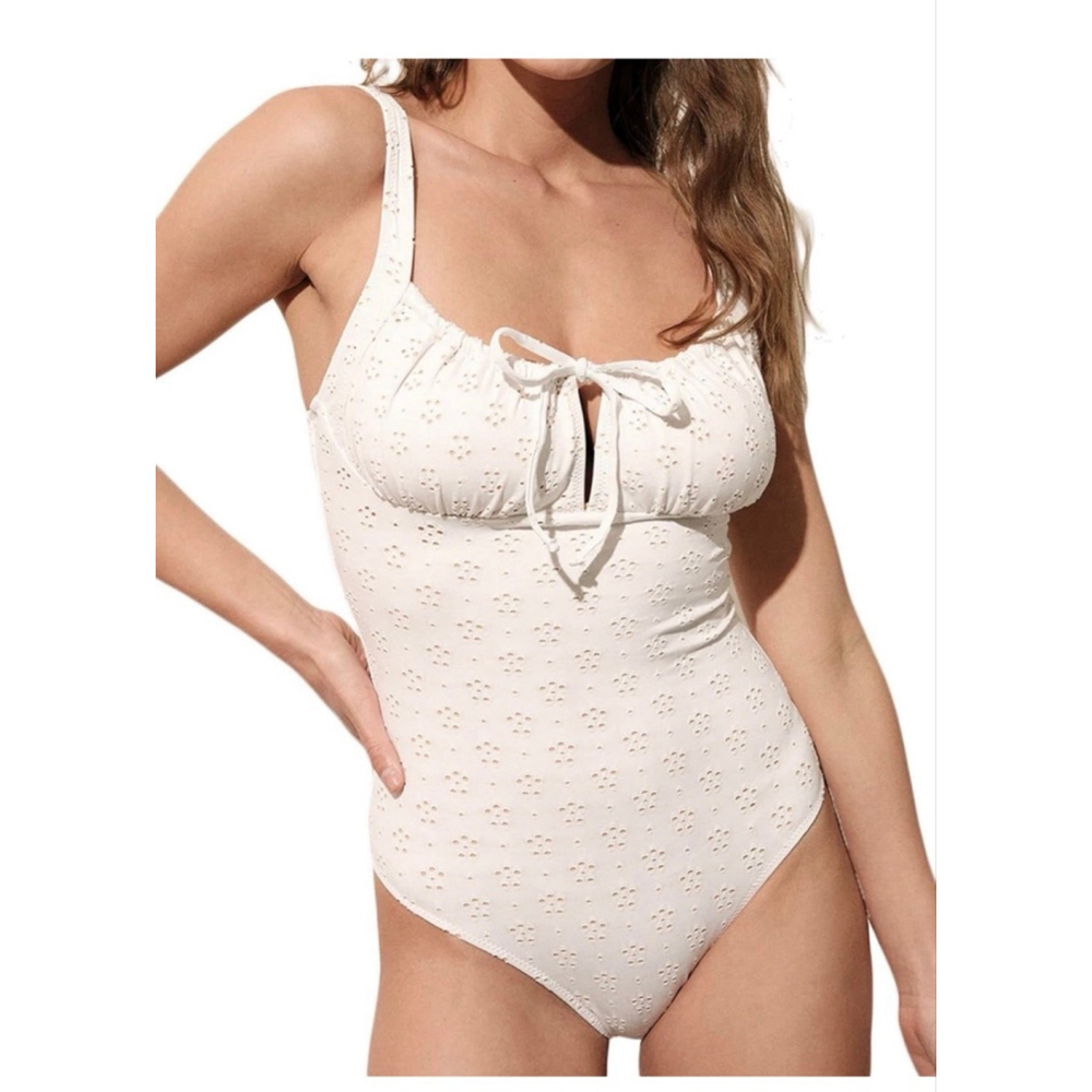 Berlook Elegant White Eyelet XL One Piece Tie Slimming Swimsuit NWT